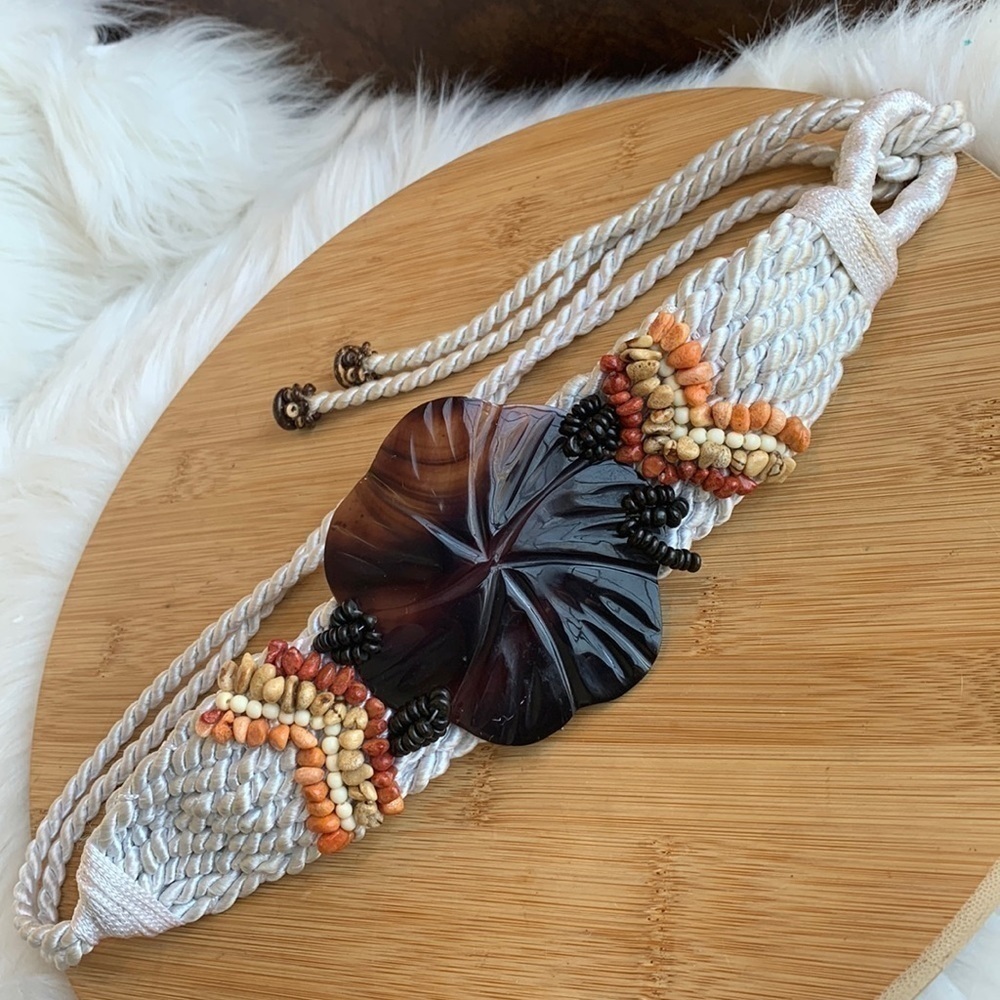 Tahiti Tropical Floral Lucite Beaded Braided Rope Macramé Boho Belt 42”